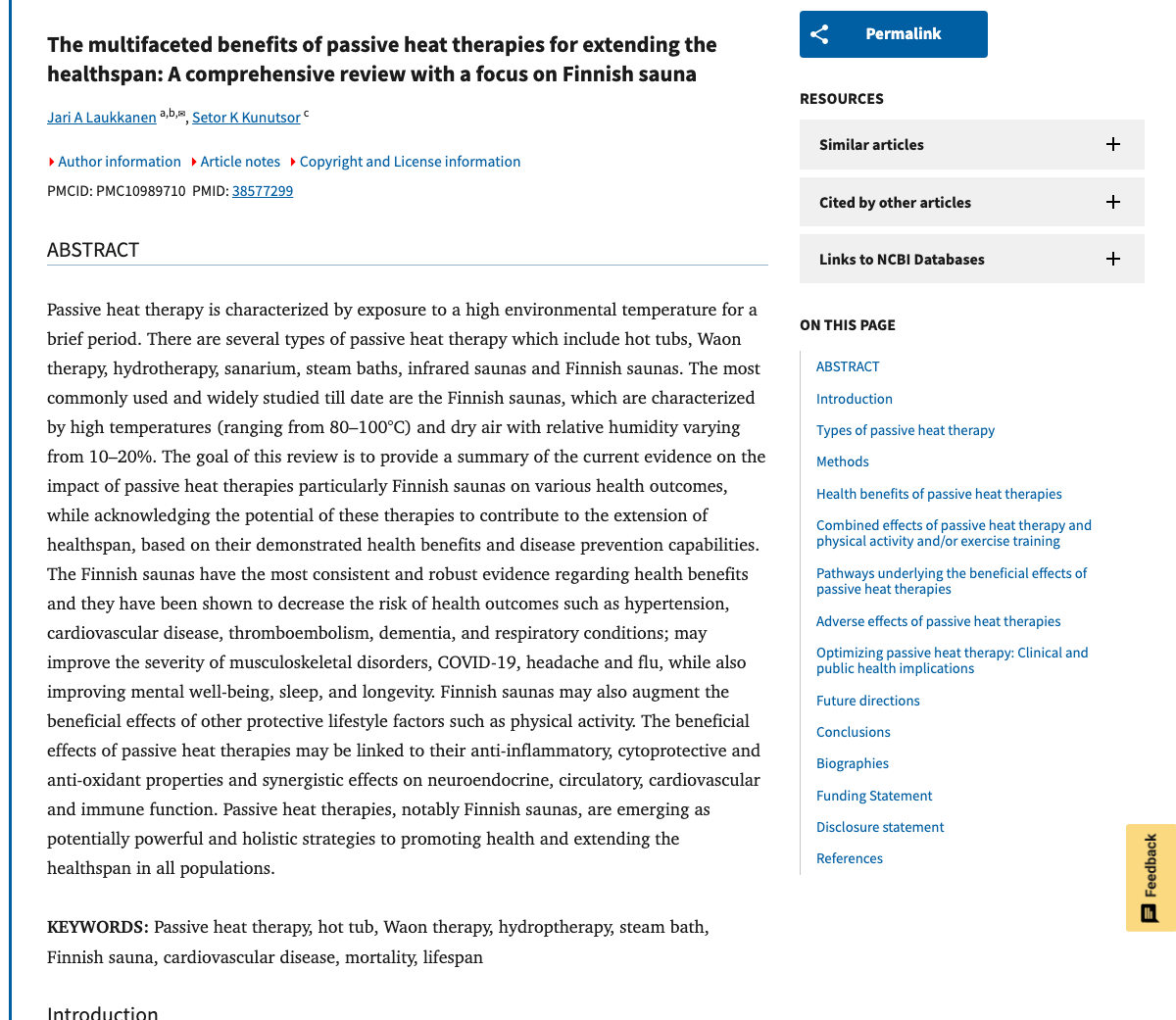Title and abstract of The multifaceted benefits of passive heat therapies for extending the healthspan: A comprehensive review with a focus on Finnish sauna.