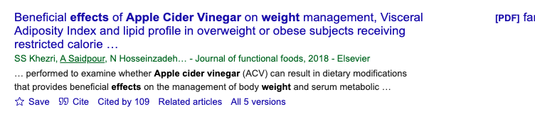 Title and abstract of Effect of apple cider vinegar on weight and related metabolic outcomes: a systematic review