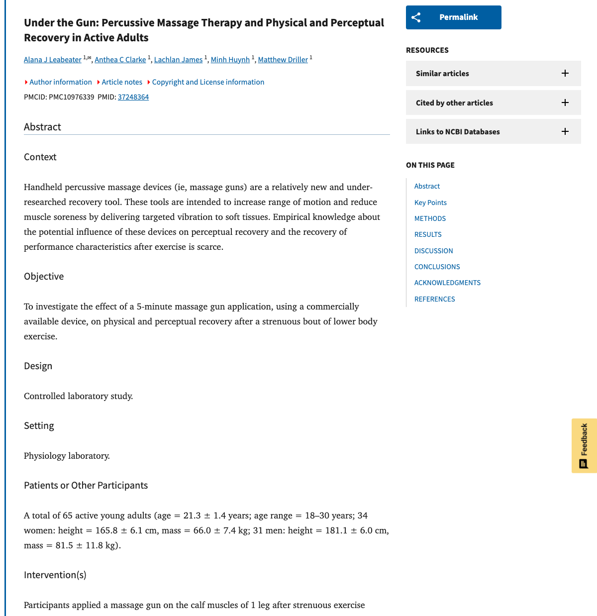 Title and abstract of Under the Gun: Percussive Massage Therapy and Physical and Perceptual Recovery in Active Adults.
