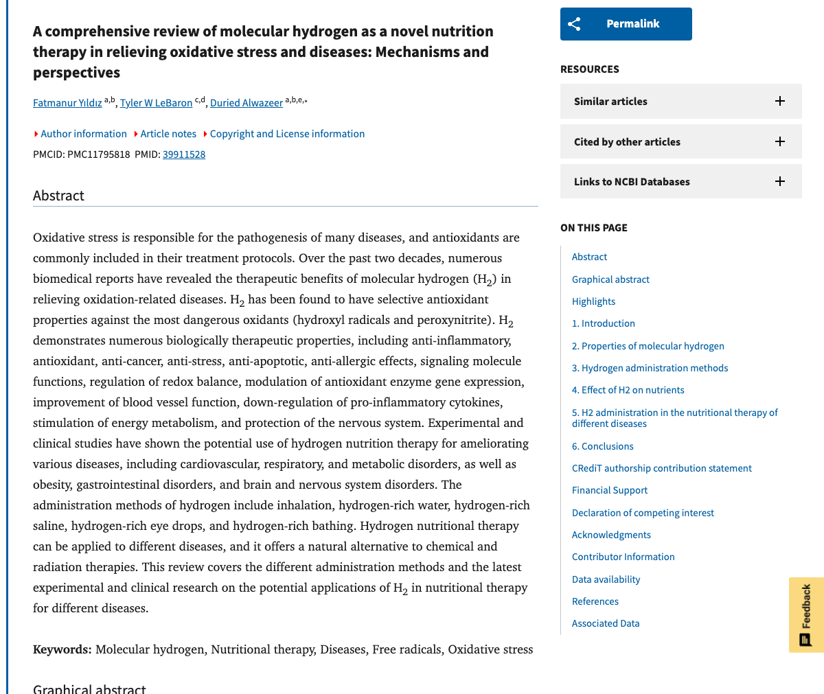 Title and abstract of A comprehensive review of molecular hydrogen as a novel nutrition therapy in relieving oxidative stress and diseases: Mechanisms and perspectives