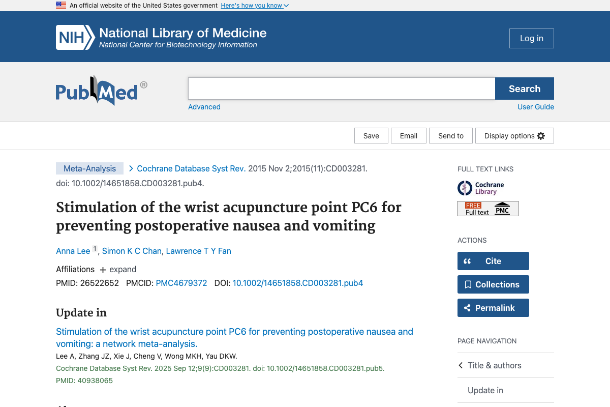 Title and abstract of Stimulation of the wrist acupuncture point PC6 for preventing postoperative nausea and vomiting