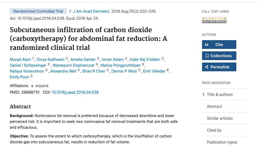 Title and abstract of Subcutaneous infiltration of carbon dioxide (carboxytherapy) for abdominal fat reduction: A randomized clinical trial