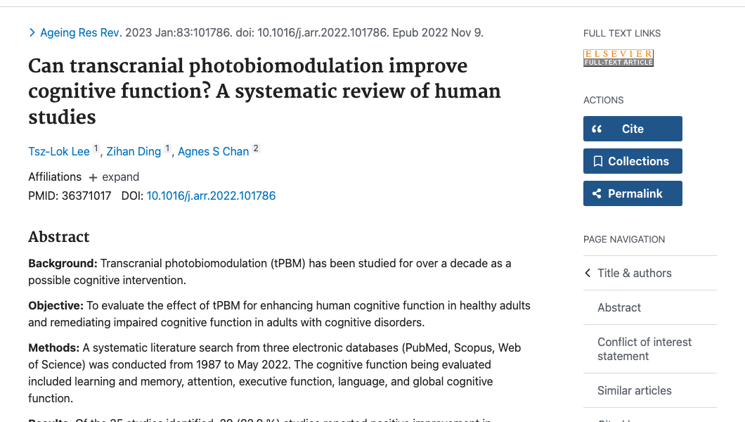 Title and abstract of Can transcranial photobiomodulation improve cognitive function? A systematic review of human studies.