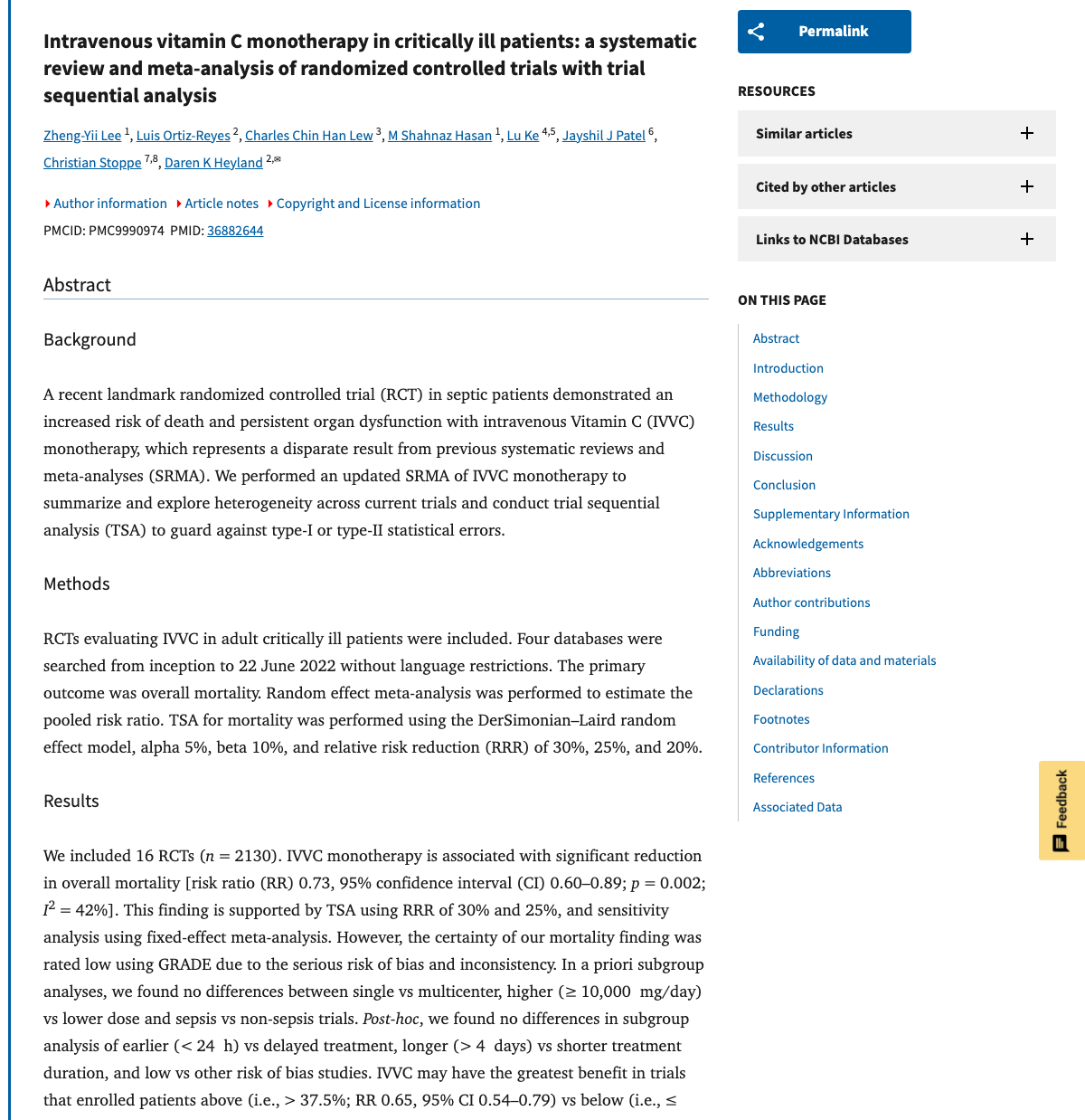 Title and abstract of Intravenous vitamin C monotherapy in critically ill patients: a systematic review and meta-analysis of randomized controlled trials with trial sequential analysis.