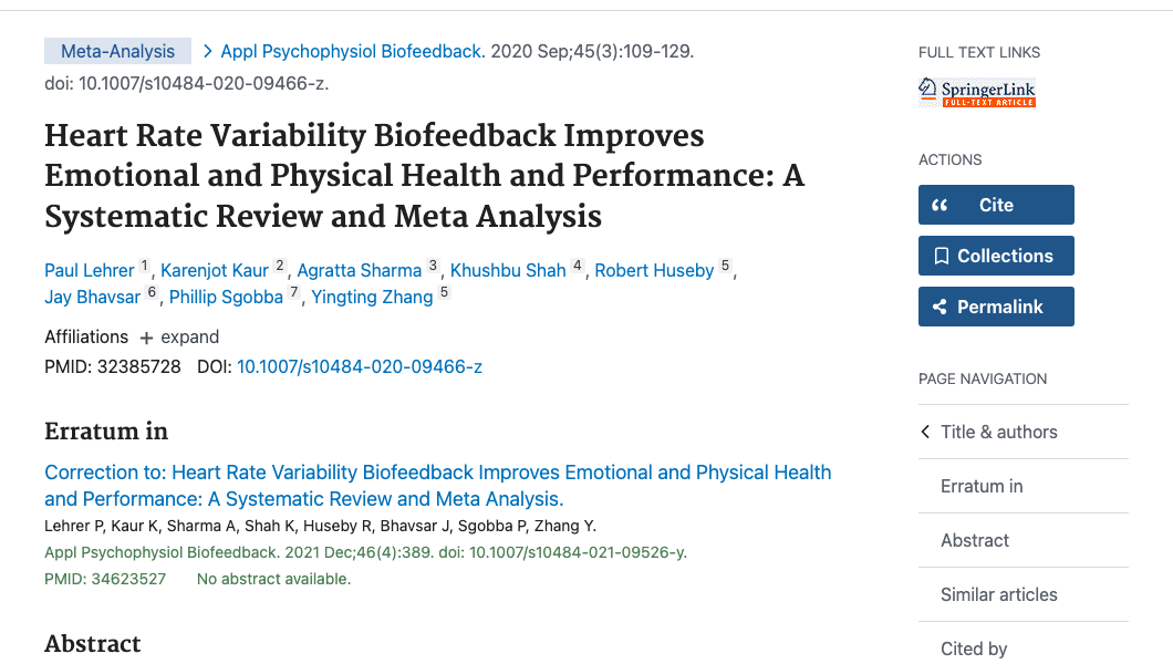 Title and abstract of Heart Rate Variability Biofeedback Improves Emotional and Physical Health and Performance: A Systematic Review and Meta Analysis.