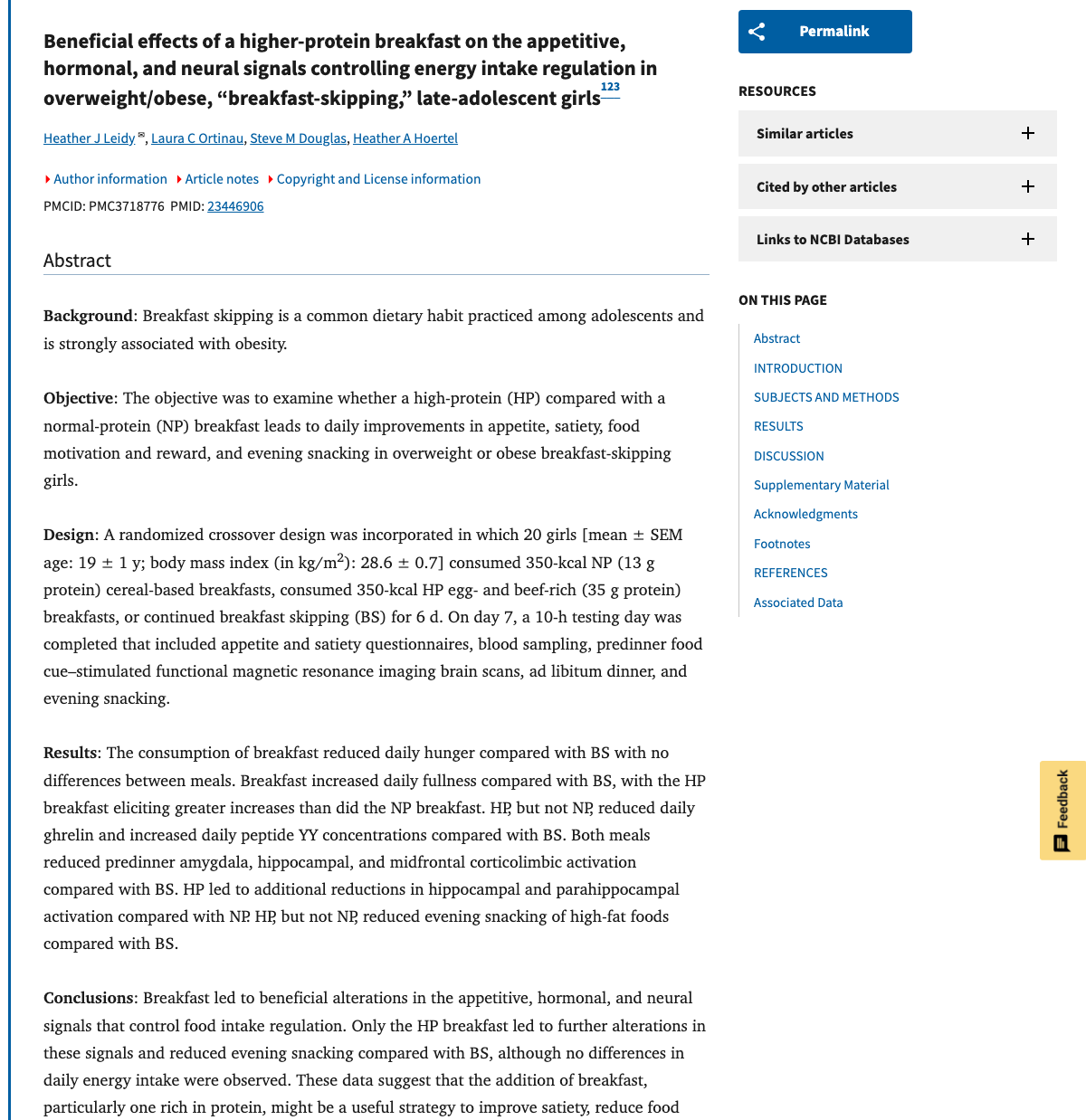 Title and abstract of Beneficial effects of a higher-protein breakfast on the appetitive, hormonal, and neural signals controlling energy intake regulation in overweight/obese, 'breakfast-skipping,' late-adolescent girls