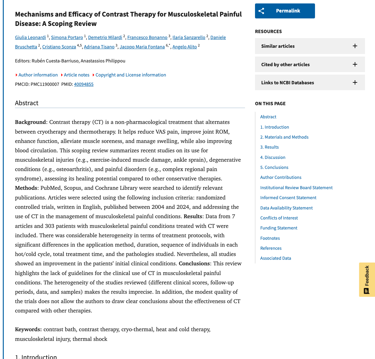 Title and abstract of Mechanisms and Efficacy of Contrast Therapy for Musculoskeletal Painful Disease: A Scoping Review.