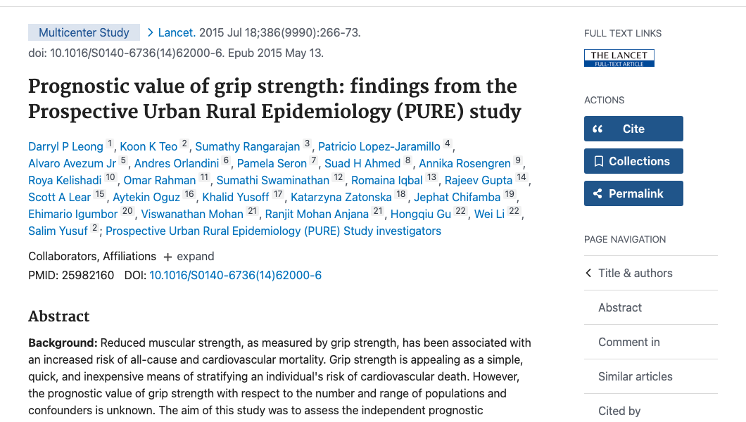 Title and abstract of Prognostic value of grip strength: findings from the Prospective Urban Rural Epidemiology (PURE) study