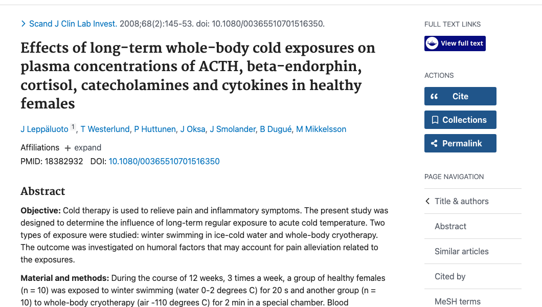 Title and abstract of Effects of long-term whole-body cold exposures on plasma concentrations of ACTH, cortisol, catecholamines and cytokines