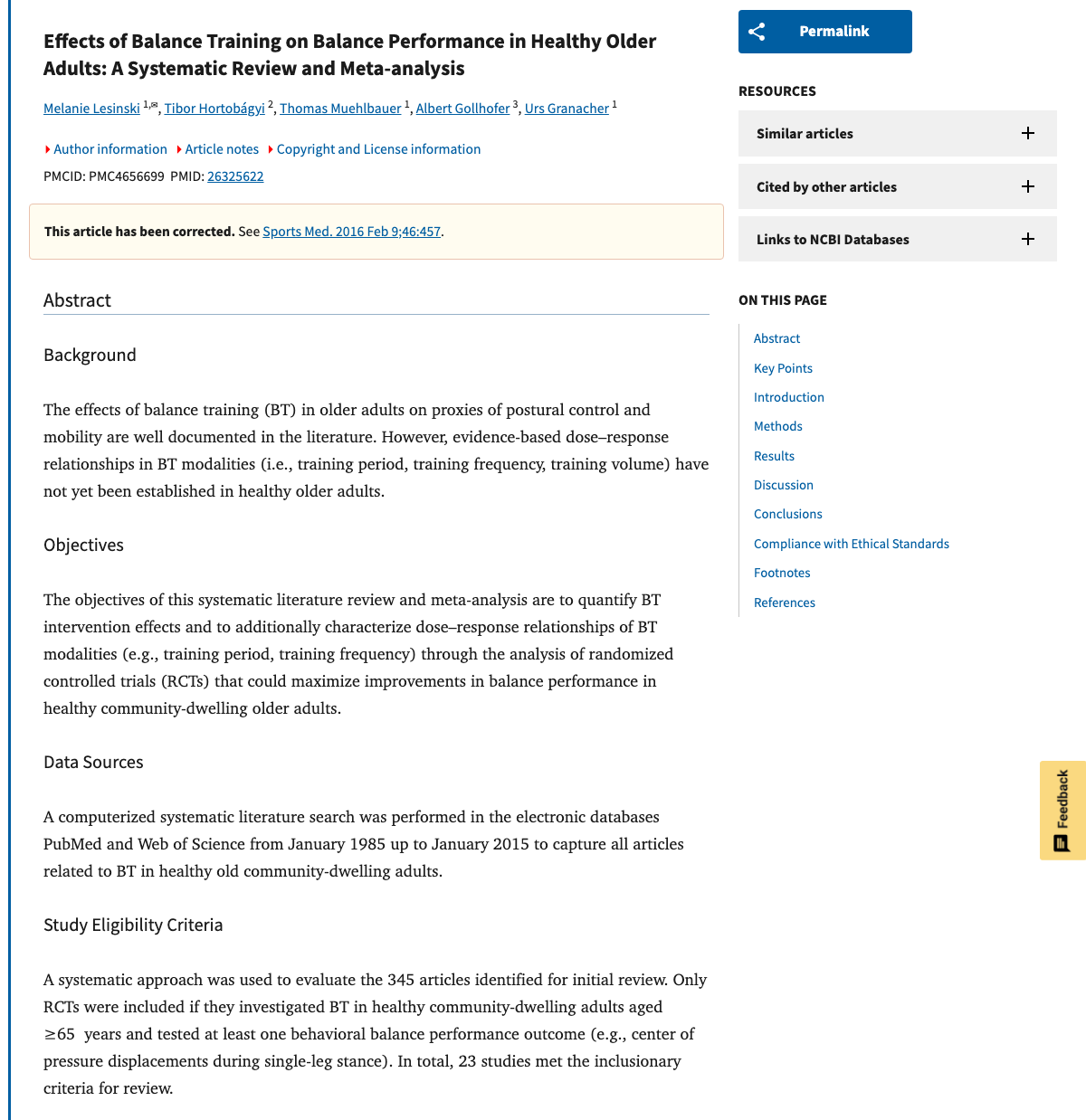 Title and abstract of Effects of Balance Training on Balance Performance in Healthy Older Adults - A Systematic Review and Meta-analysis