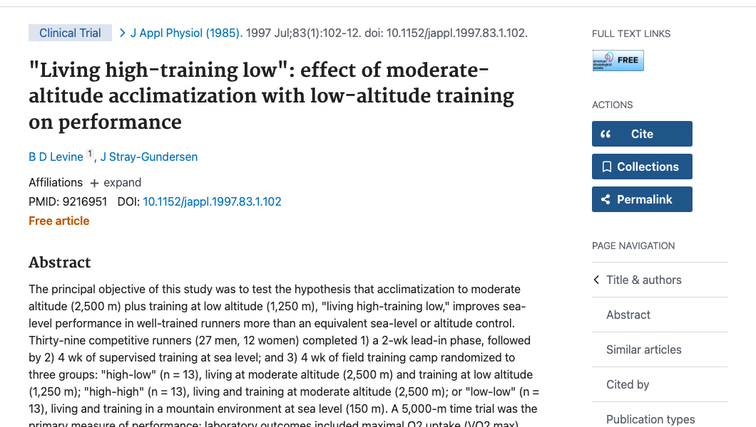 Title and abstract of Living high-training low: effect of moderate-altitude acclimatization with low-altitude training on performance