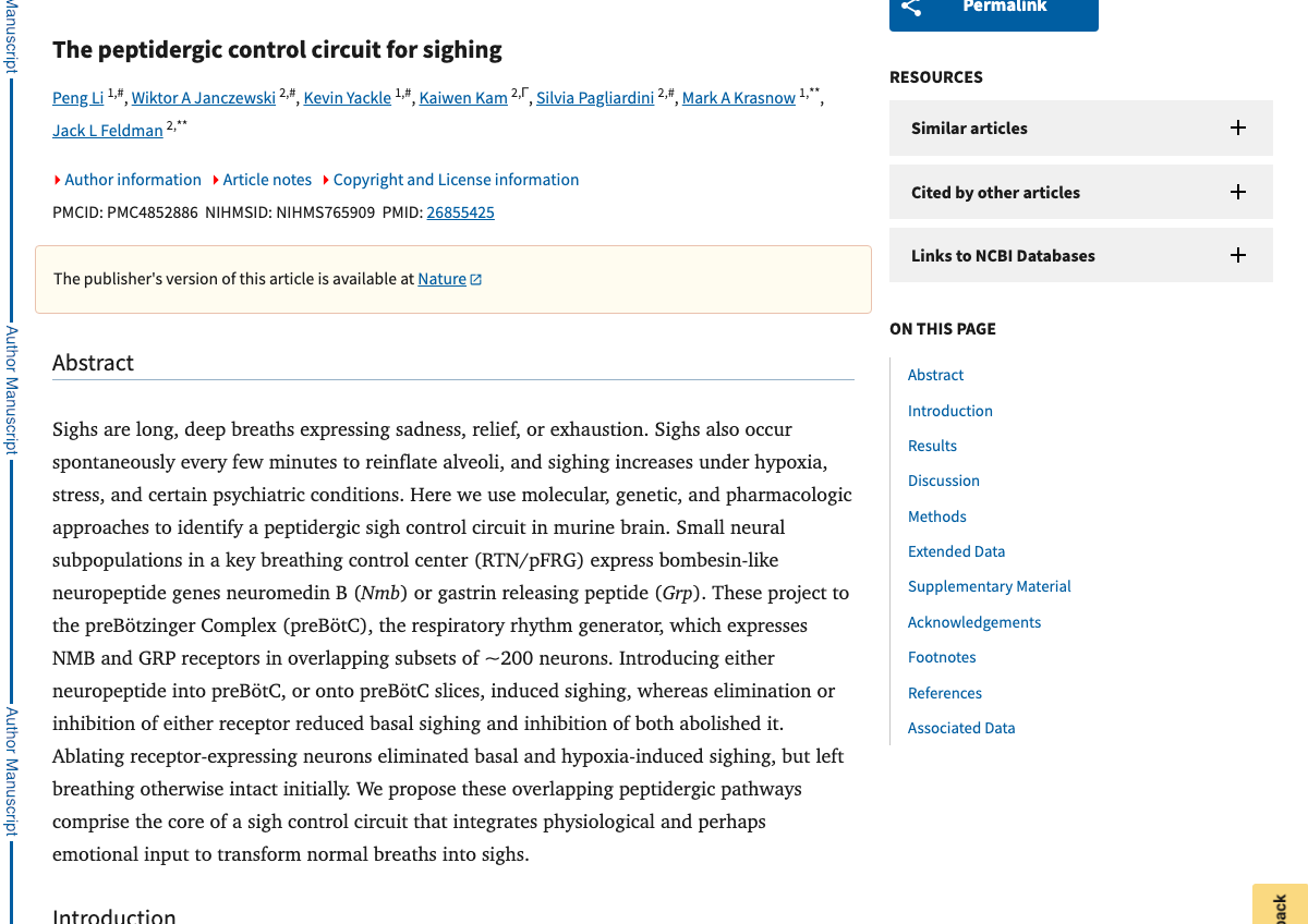 Title and abstract of The peptidergic control circuit for sighing.