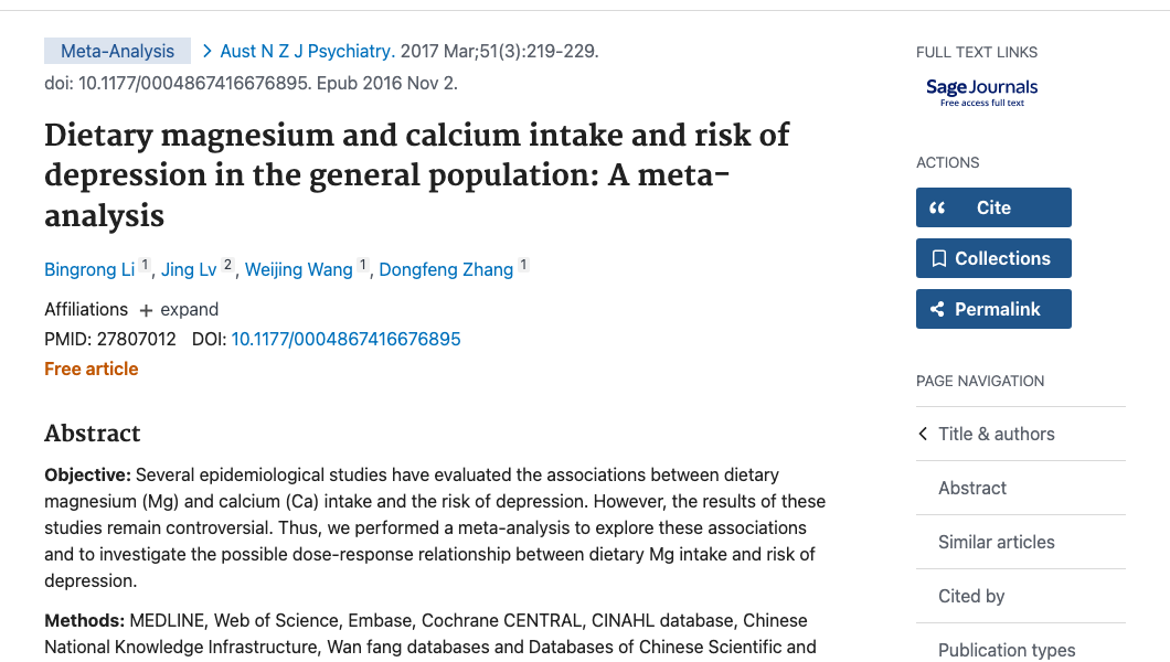 Title and abstract of Dietary magnesium and calcium intake and risk of depression in the general population: A meta-analysis
