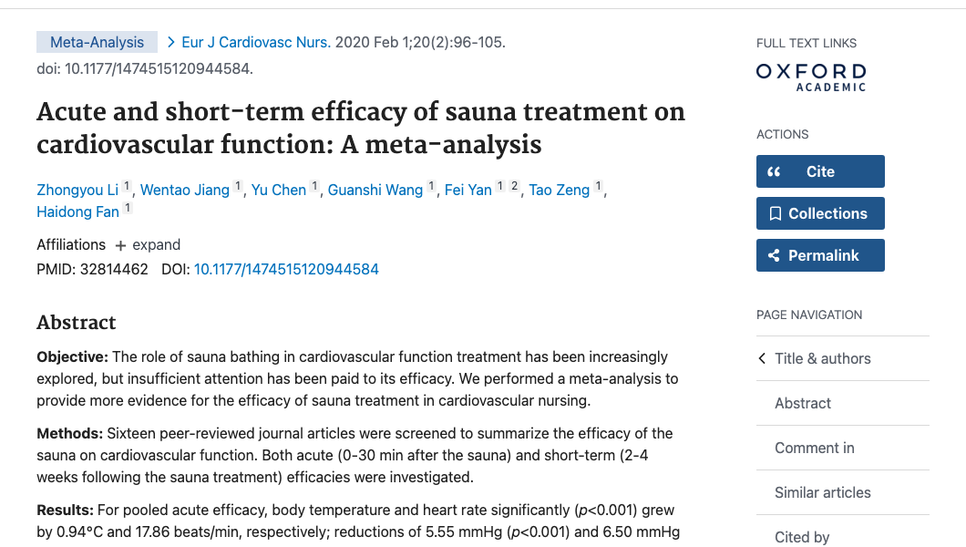 Title and abstract of Acute and short-term efficacy of sauna treatment on cardiovascular function: A meta-analysis.