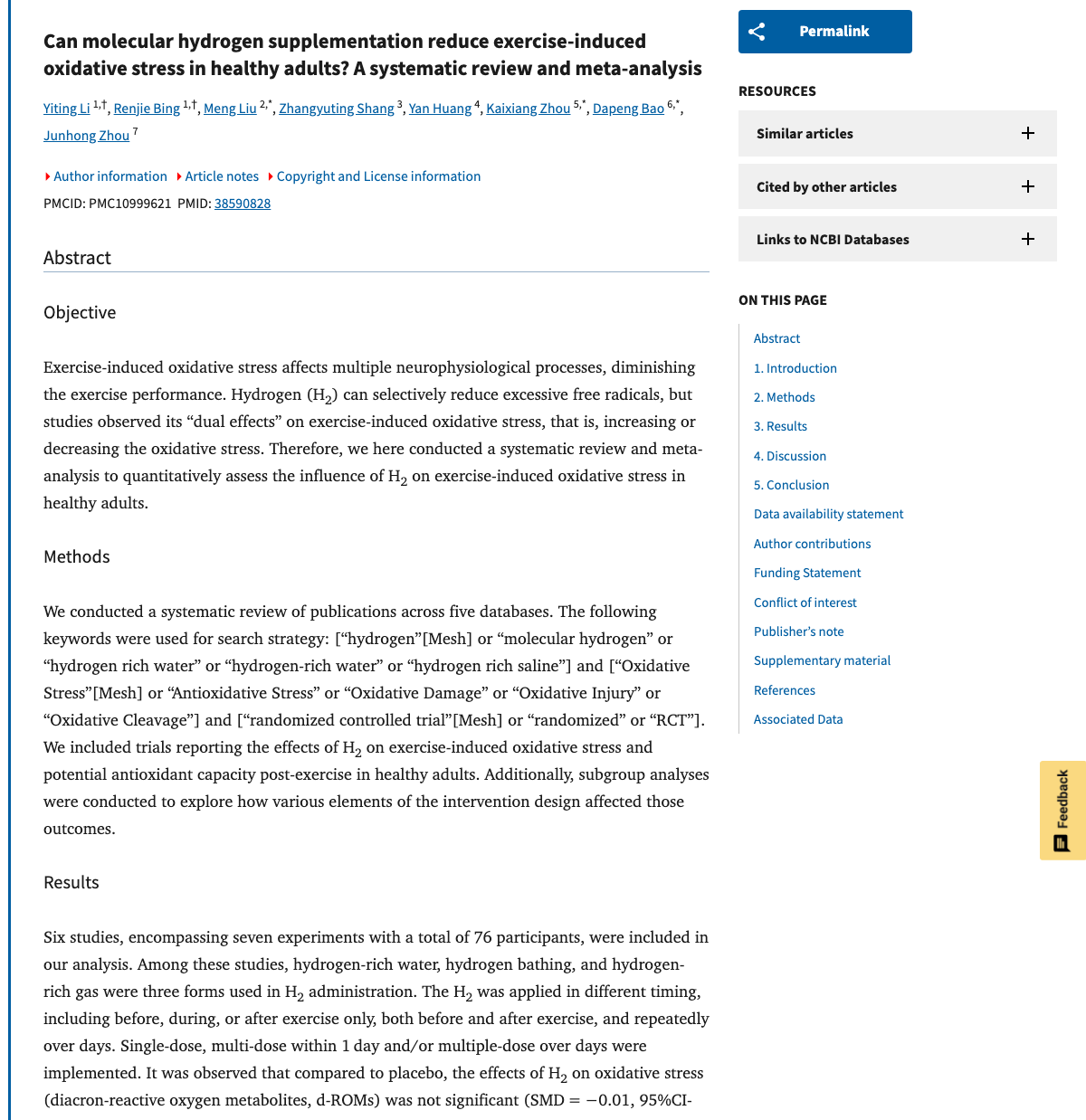 Title and abstract of Can molecular hydrogen supplementation reduce exercise-induced oxidative stress in healthy adults? A systematic review and meta-analysis.