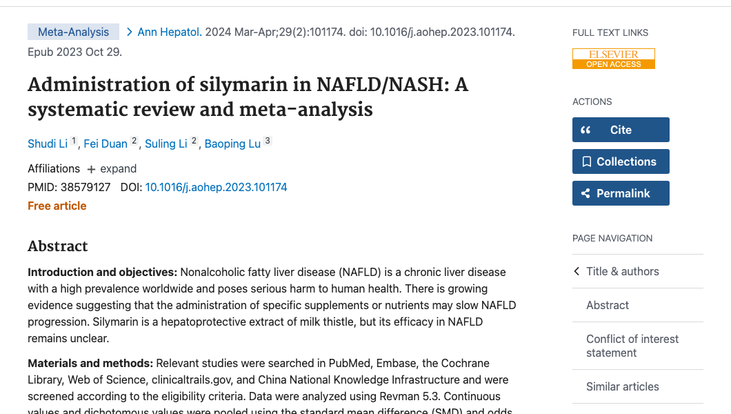 Title and abstract of Administration of silymarin in NAFLD/NASH: A systematic review and meta-analysis.