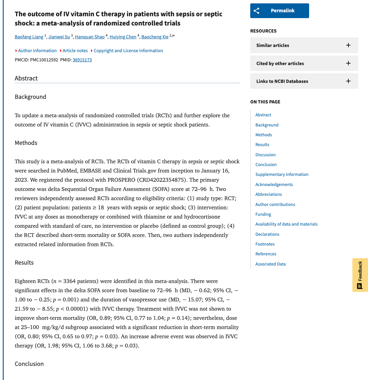 Title and abstract of The outcome of IV vitamin C therapy in patients with sepsis or septic shock: a meta-analysis of randomized controlled trials.