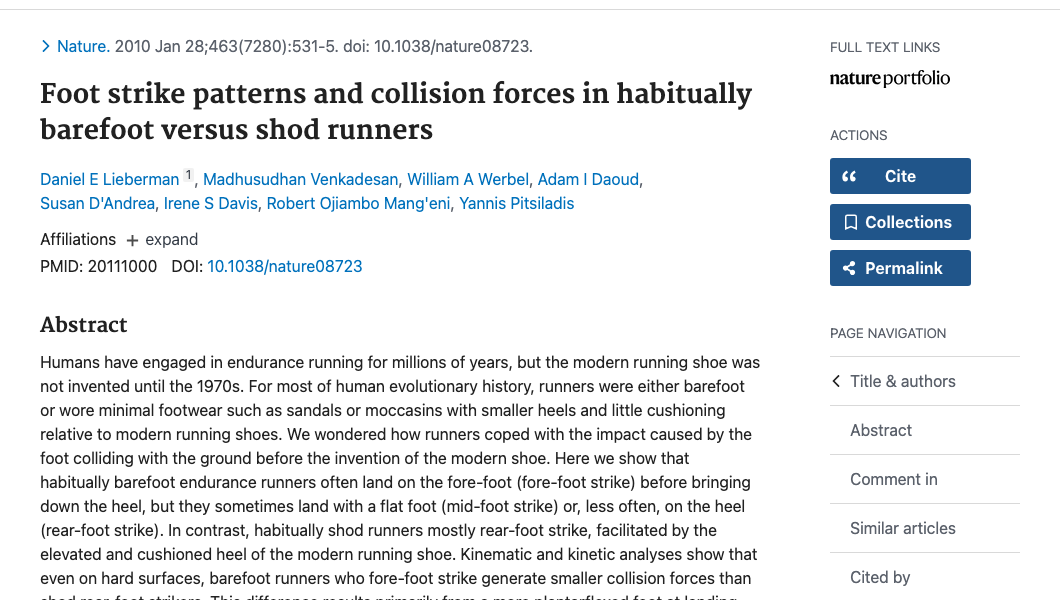 Title and abstract of Foot Strike Patterns and Collision Forces in Habitually Barefoot Versus Shod Runners