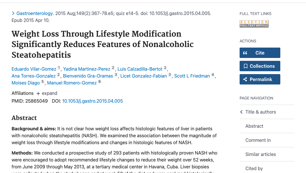 Title and abstract of Weight Loss Through Lifestyle Modification Significantly Reduces Features of Nonalcoholic Steatohepatitis