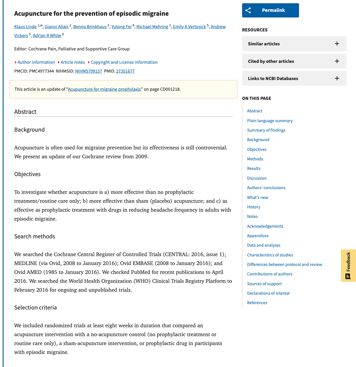 Title and abstract of Acupuncture for the Prevention of Episodic Migraine