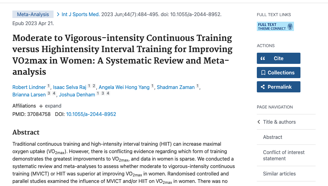 Title and abstract of Moderate to Vigorous-intensity Continuous Training versus High-intensity Interval Training for Improving VO2max in Women: A Systematic Review and Meta-analysis.