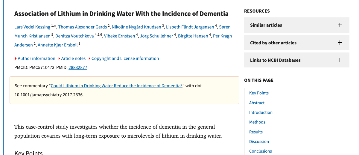 Title and abstract of Association of Lithium in Drinking Water With the Incidence of Dementia