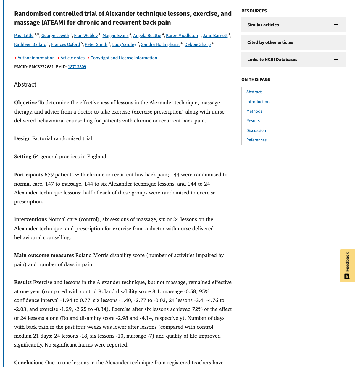 Title and abstract of Randomised controlled trial of Alexander technique lessons, exercise, and massage (ATEAM) for chronic and recurrent back pain