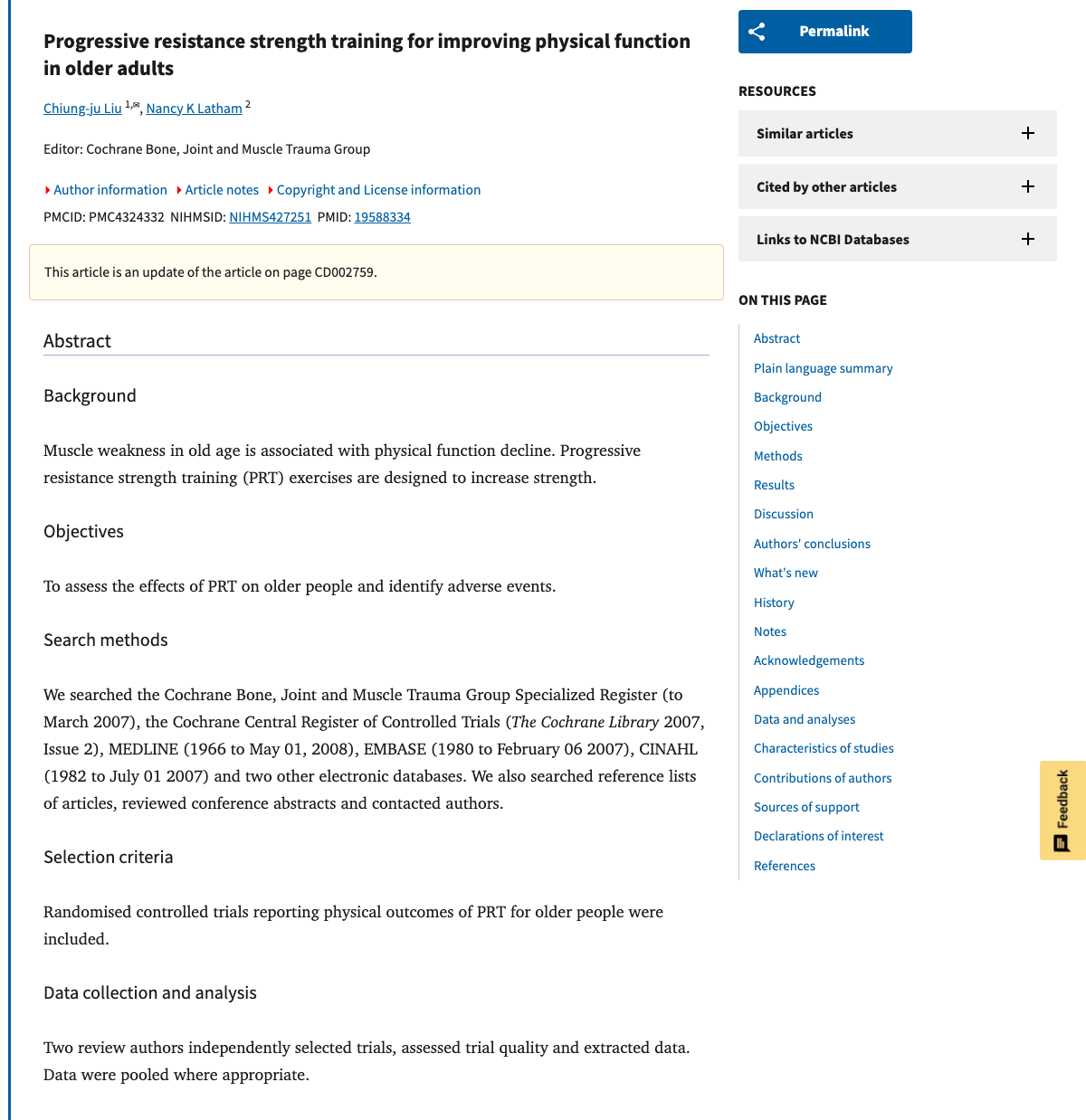 Title and abstract of Progressive resistance strength training for improving physical function in older adults