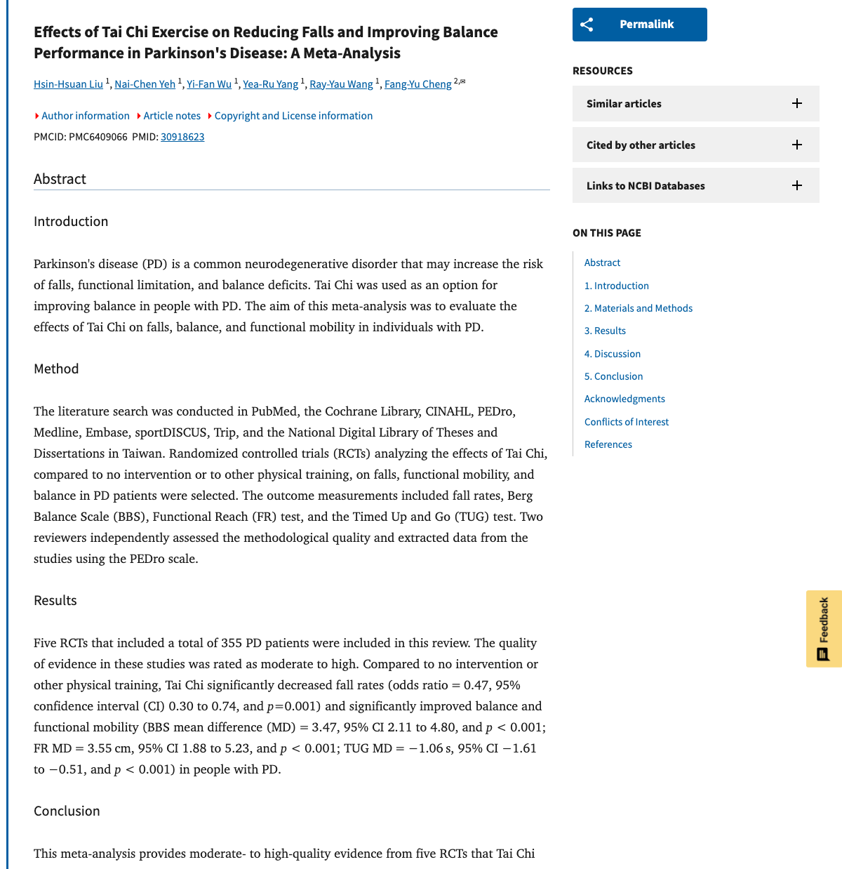 Title and abstract of Effects of Tai Chi Exercise on Reducing Falls and Improving Balance Performance in Parkinson's Disease: A Meta-Analysis.