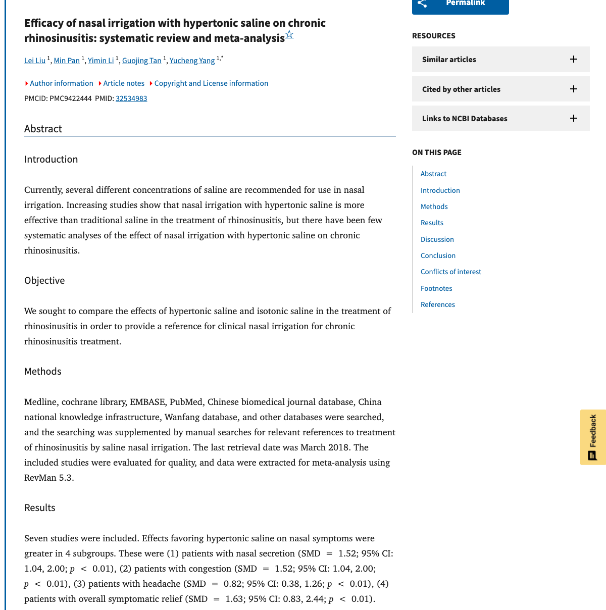 Title and abstract of Efficacy of nasal irrigation with hypertonic saline on chronic rhinosinusitis: systematic review and meta-analysis.