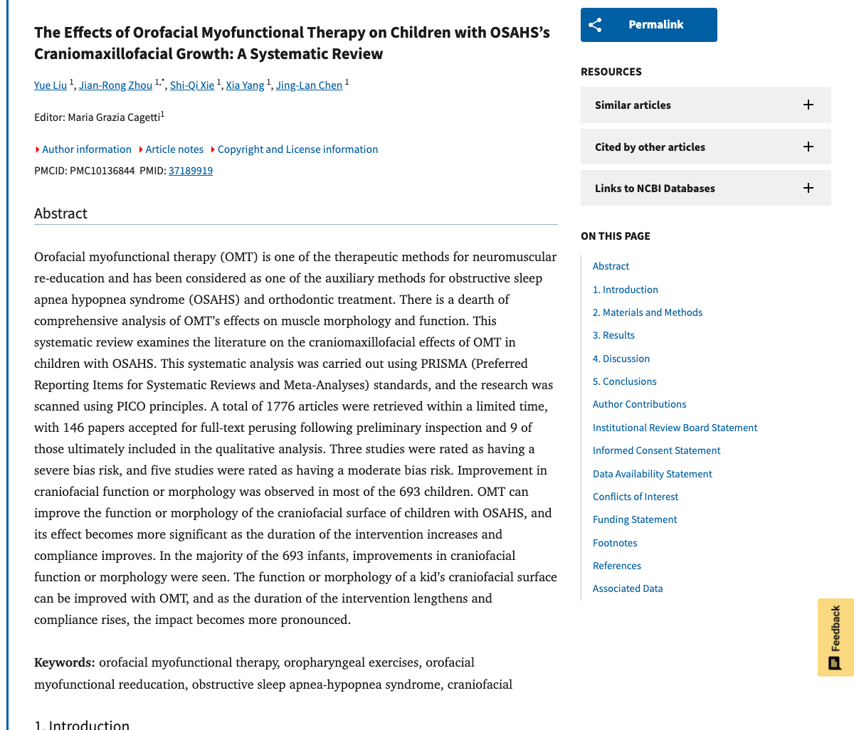 Title and abstract of The Effects of Orofacial Myofunctional Therapy on Children with OSAHS's Craniomaxillofacial Growth: A Systematic Review.