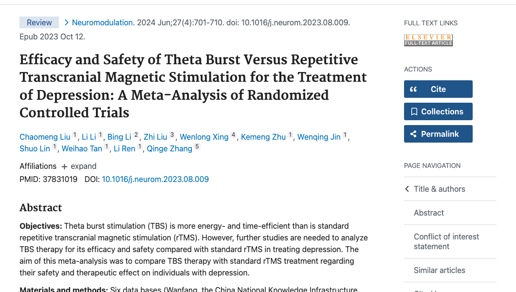 Title and abstract of Efficacy and Safety of Theta Burst Versus Repetitive Transcranial Magnetic Stimulation for the Treatment of Depression: A Meta-Analysis of Randomized Controlled Trials.