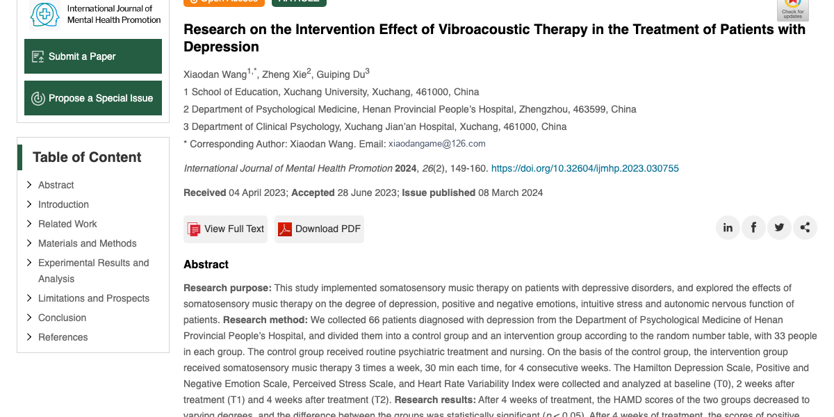 Title and abstract of Research on the Intervention Effect of Vibroacoustic Therapy in the Treatment of Patients with Depression
