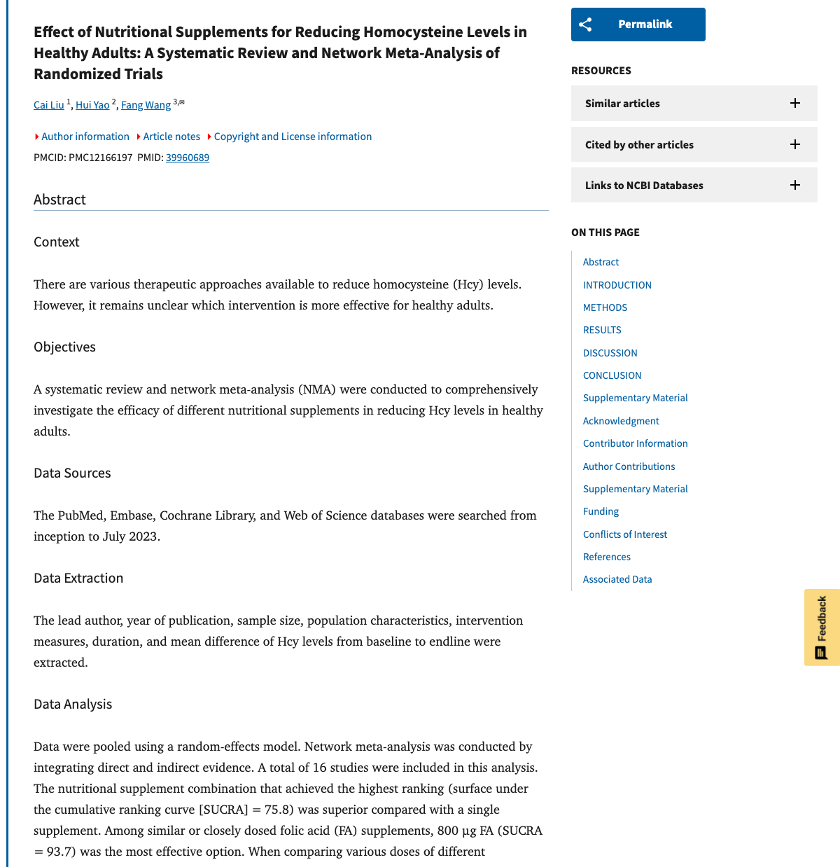 Title and abstract of Effect of Nutritional Supplements for Reducing Homocysteine Levels in Healthy Adults: A Systematic Review and Network Meta-Analysis of Randomized Trials.