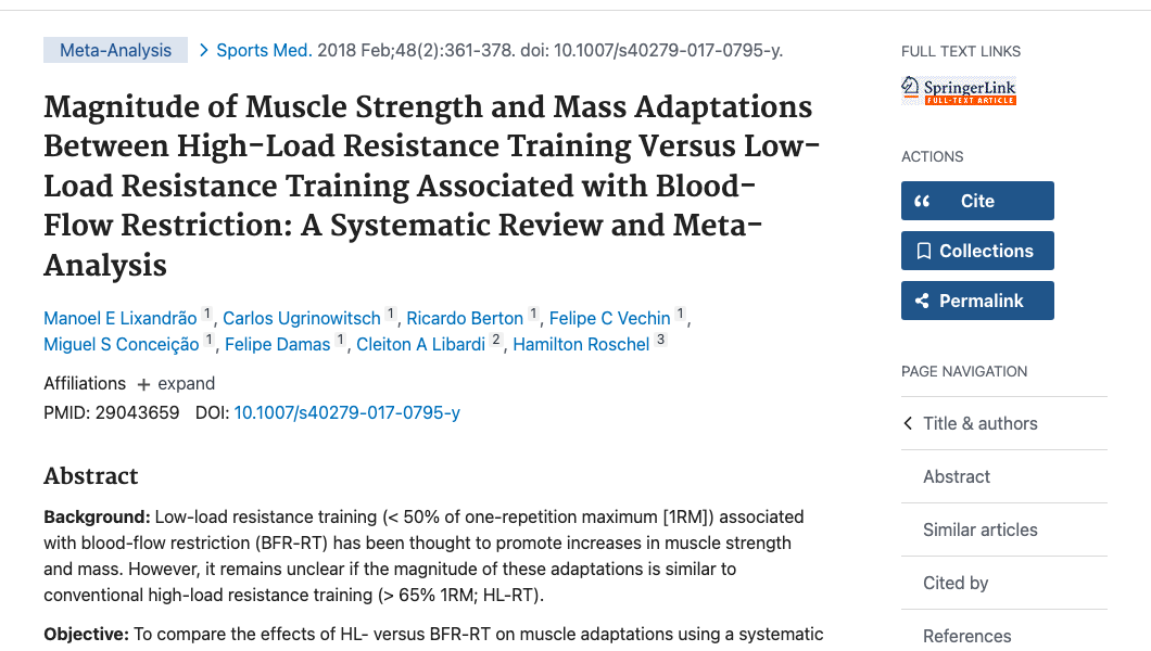 Title and abstract of Magnitude of Muscle Strength and Mass Adaptations Between High-Load Resistance Training Versus Low-Load Resistance Training Associated with Blood-Flow Restriction: A Systematic Review and Meta-Analysis