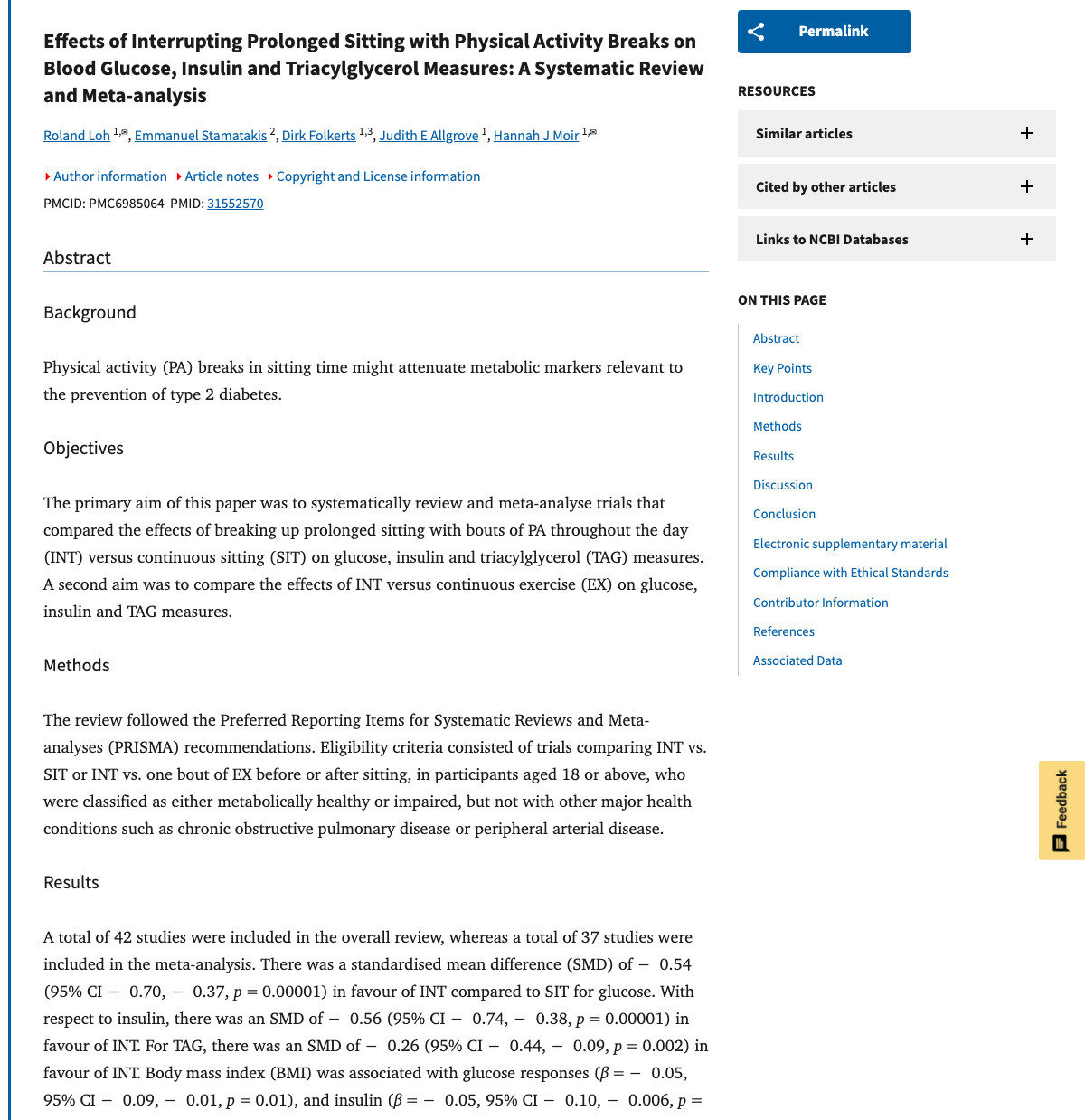 Title and abstract of Effects of Interrupting Prolonged Sitting with Physical Activity Breaks on Blood Glucose, Insulin and Triacylglycerol Measures: A Systematic Review and Meta-analysis