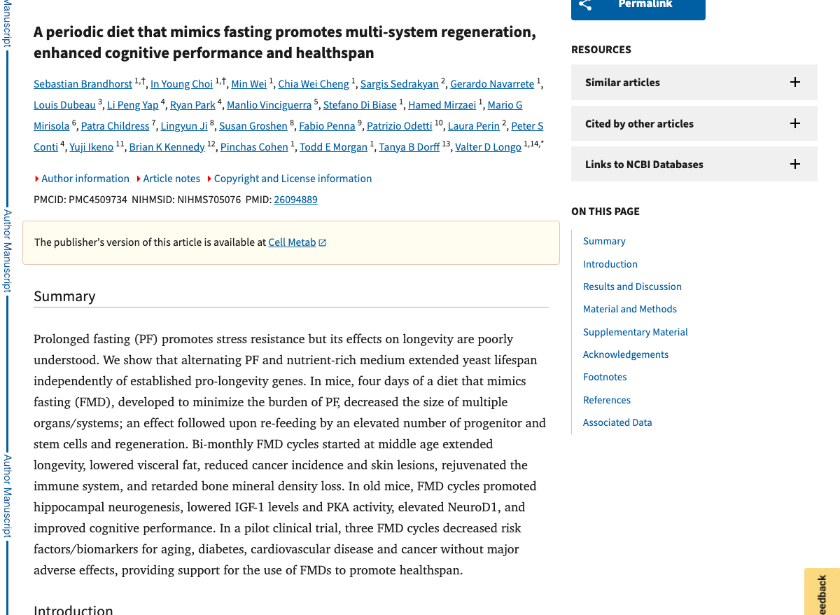 Title and abstract of A Periodic Diet that Mimics Fasting Promotes Multi-System Regeneration, Enhanced Cognitive Performance, and Healthspan