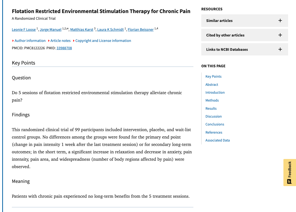 Title and abstract of Flotation Restricted Environmental Stimulation Therapy for Chronic Pain: A Randomized Clinical Trial.