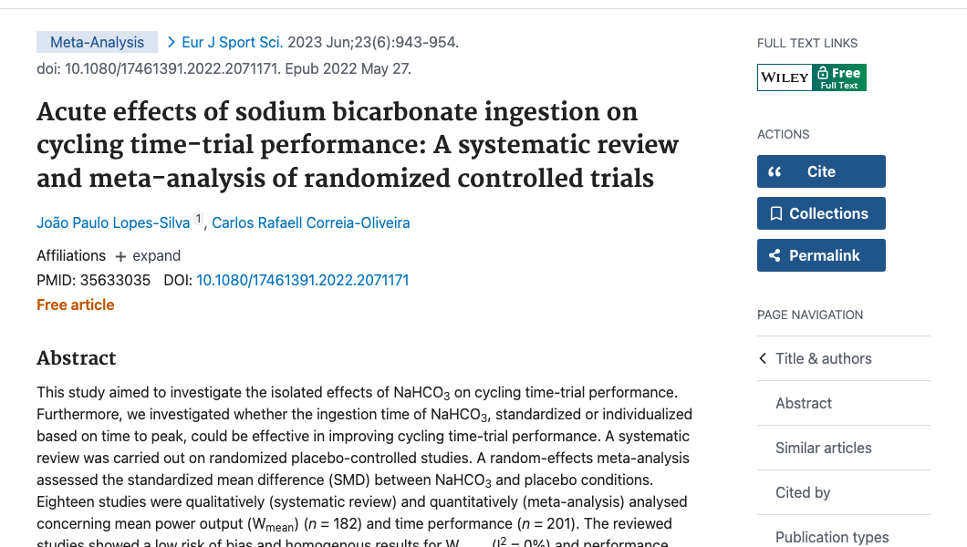 Title and abstract of Acute effects of sodium bicarbonate ingestion on cycling time-trial performance: A systematic review and meta-analysis of randomized controlled trials.