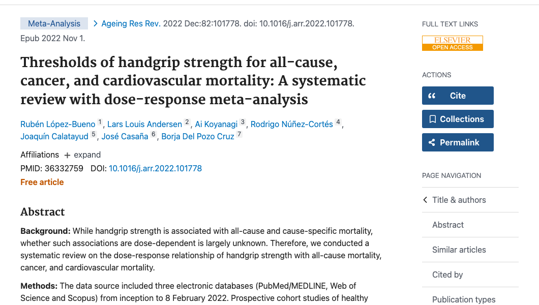 Title and abstract of Thresholds of handgrip strength for all-cause, cancer, and cardiovascular mortality: A systematic review with dose-response meta-analysis.