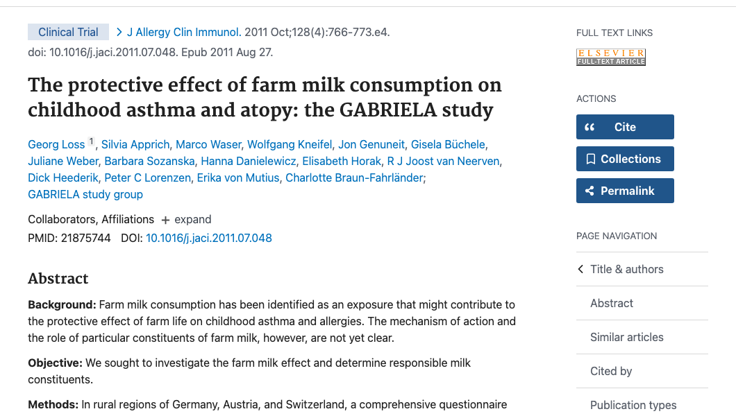 Title and abstract of The protective effect of farm milk consumption on childhood asthma and atopy: the GABRIELA study