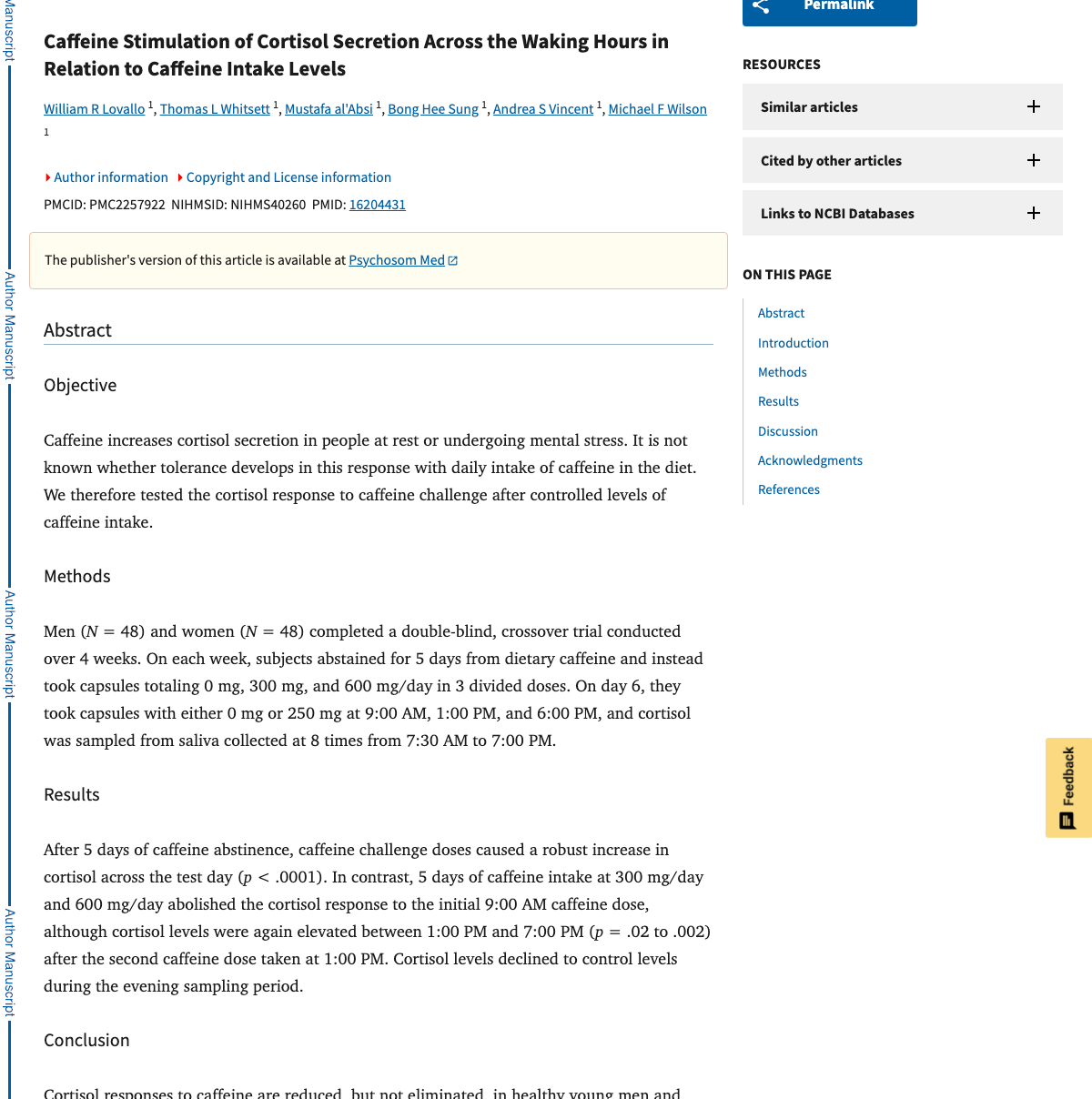 Title and abstract of Caffeine stimulation of cortisol secretion across the waking hours