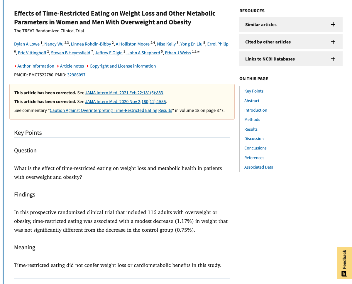 Title and abstract of Effects of Time-Restricted Eating on Weight Loss and Other Metabolic Parameters in Overweight and Obese Adults: The TREAT Randomized Clinical Trial