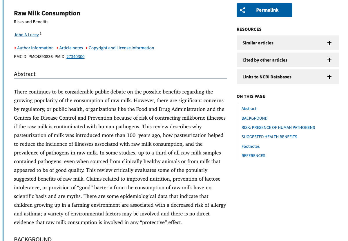Title and abstract of Raw milk consumption: risks and benefits