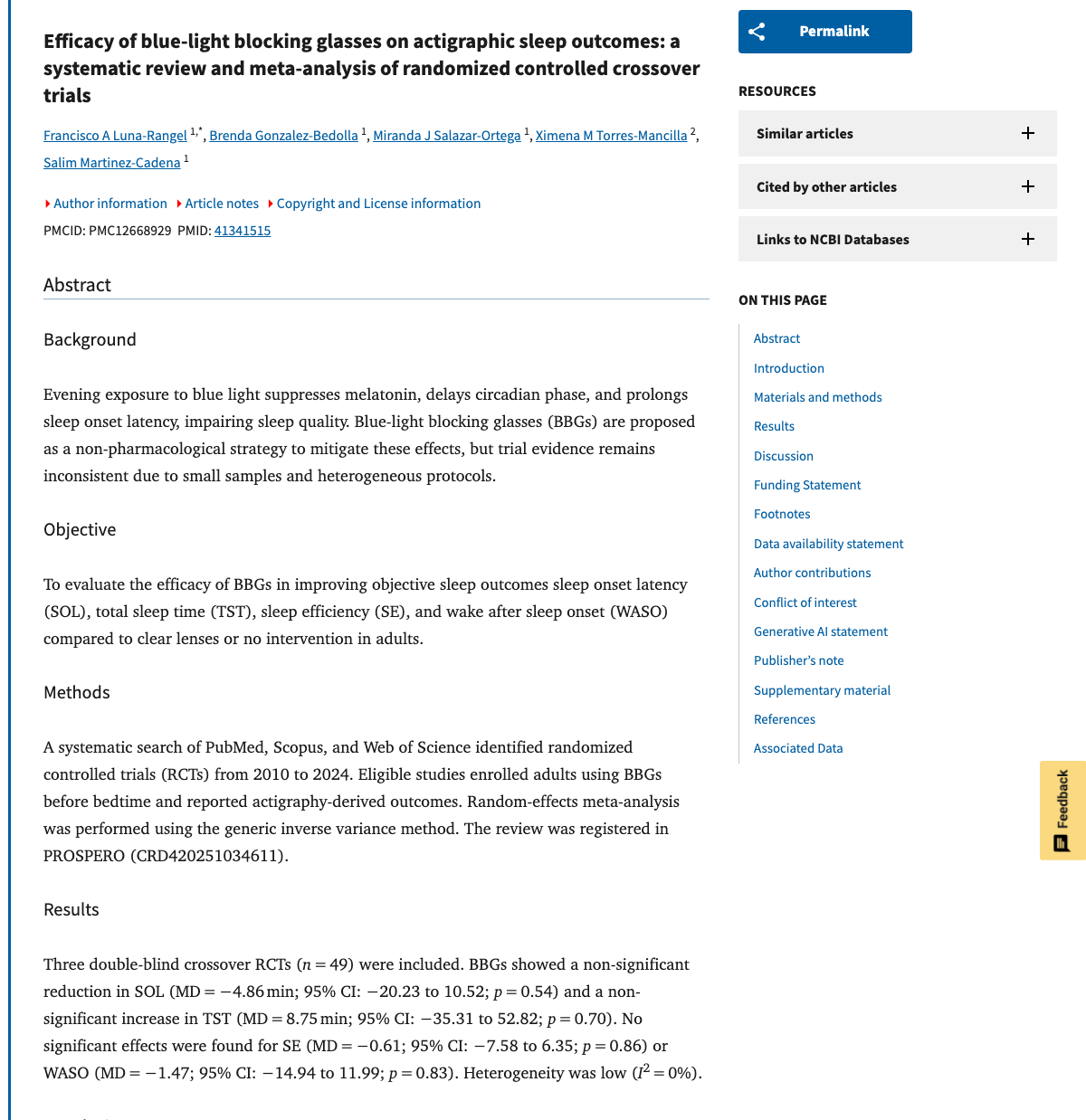 Title and abstract of Efficacy of blue-light blocking glasses on actigraphic sleep outcomes: a systematic review and meta-analysis of randomized controlled crossover trials.