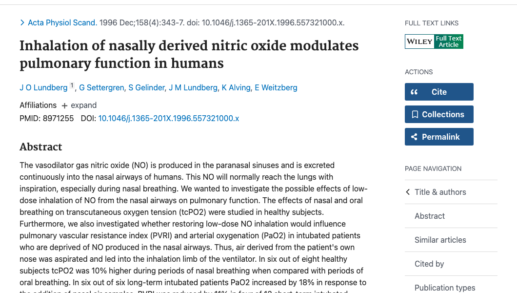 Title and abstract of Inhalation of Nasally Derived Nitric Oxide Modulates Pulmonary Function in Humans