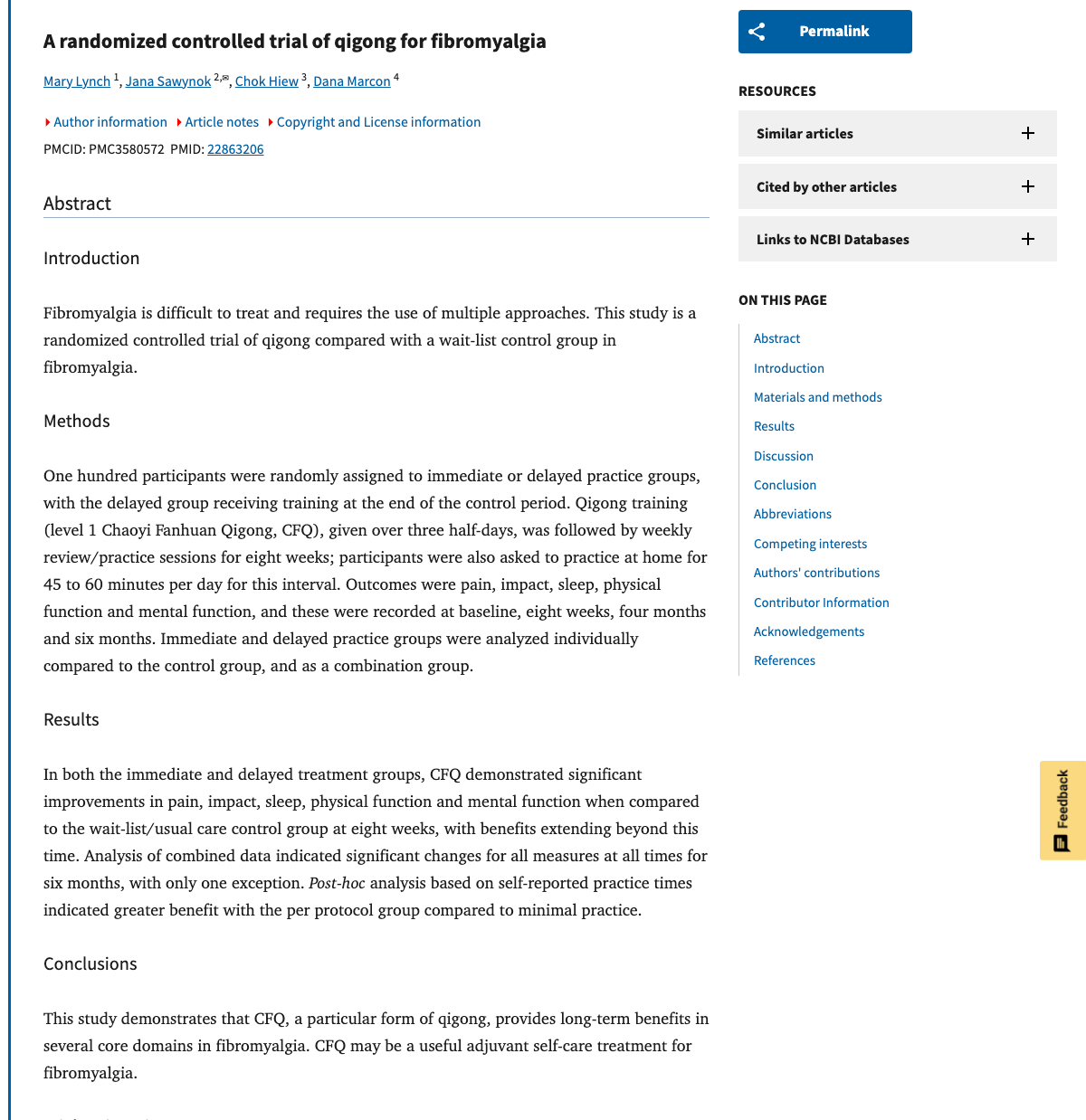 Title and abstract of A randomized controlled trial of qigong for fibromyalgia