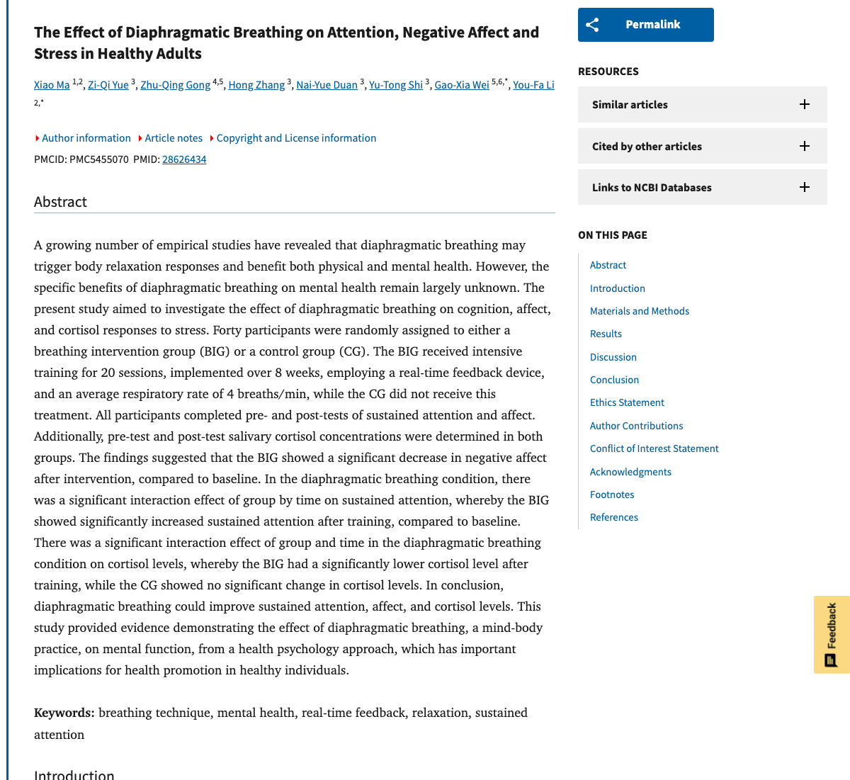 Title and abstract of The Effect of Diaphragmatic Breathing on Attention, Negative Affect and Stress in Healthy Adults