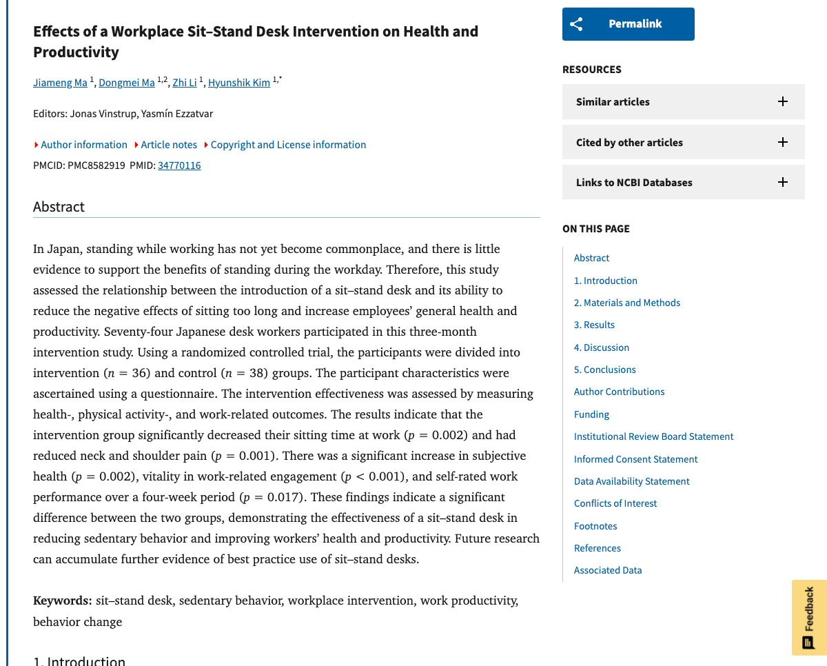 Title and abstract of Effects of a Workplace Sit-Stand Desk Intervention on Health and Productivity