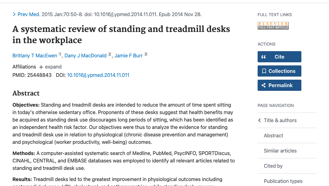 Title and abstract of A systematic review of standing and treadmill desks in the workplace